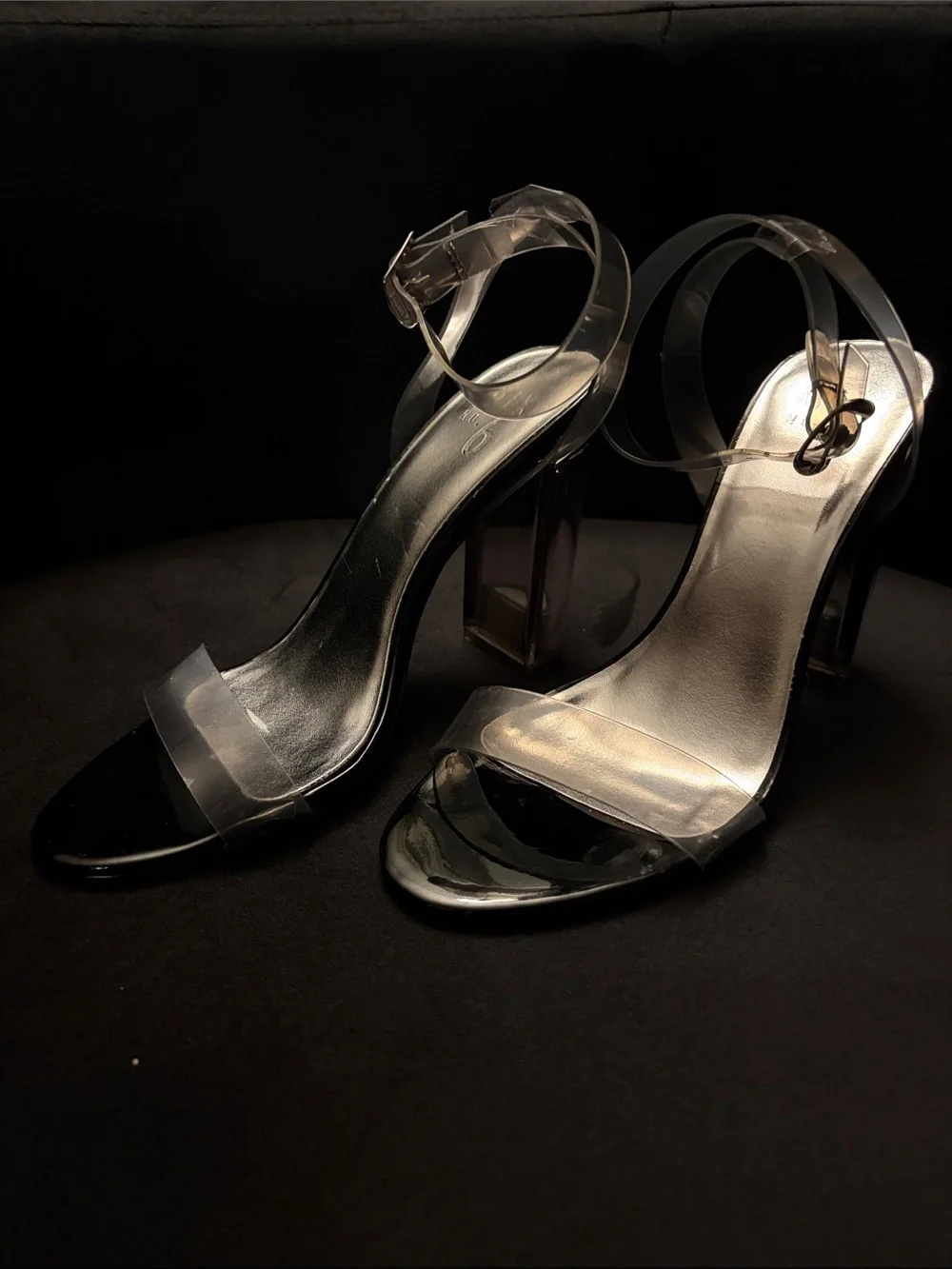 ONLY WORN ONCE!!!- Mi Black Patent Block Heel Sandals with Clear Straps